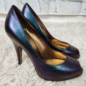 Roberto Cavalli XNP 100 plato 4.5" heels sandal Sz 7 oil opaco peep toe shoes